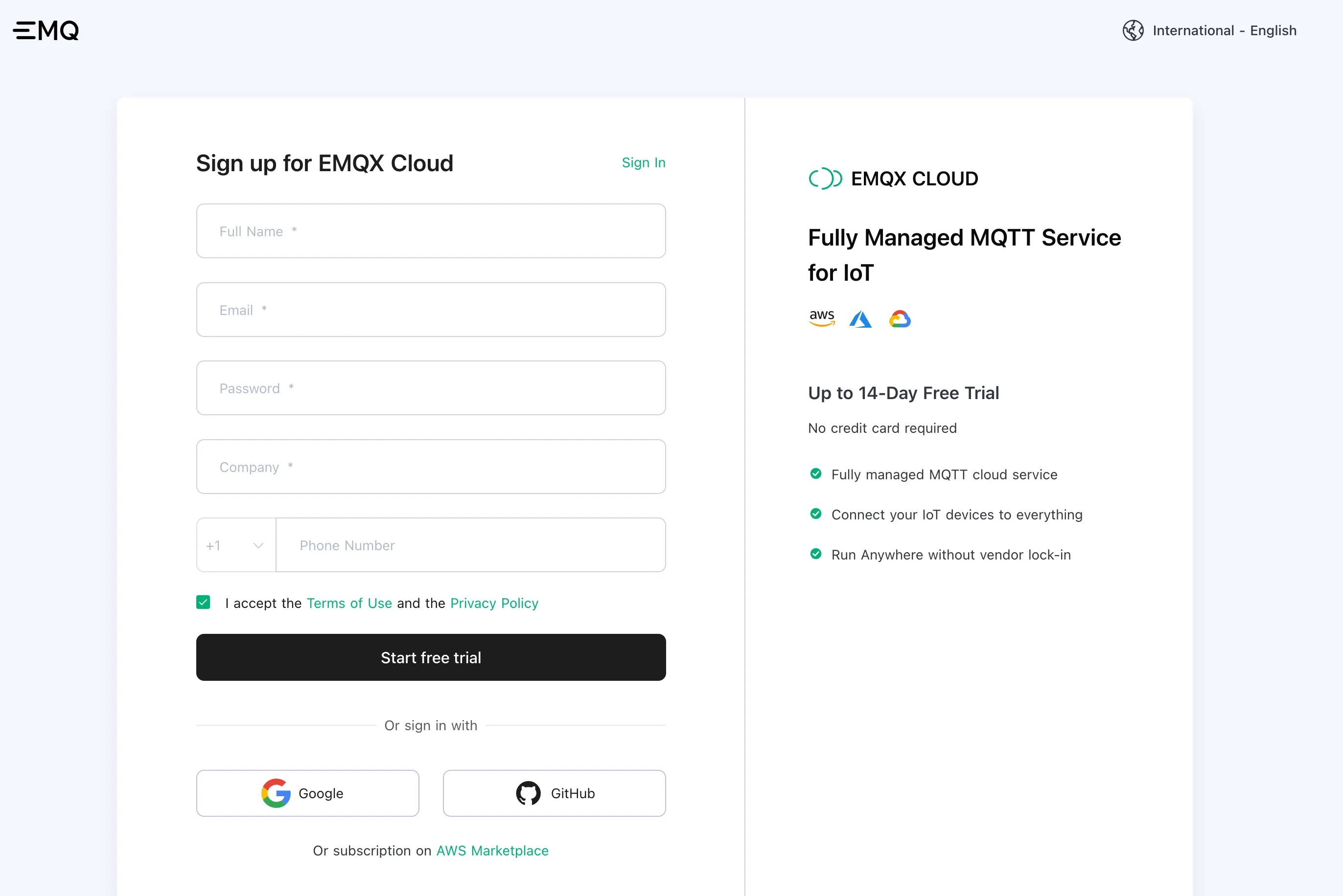 Страница р�егистрации EMQX Cloud с формой регистрации