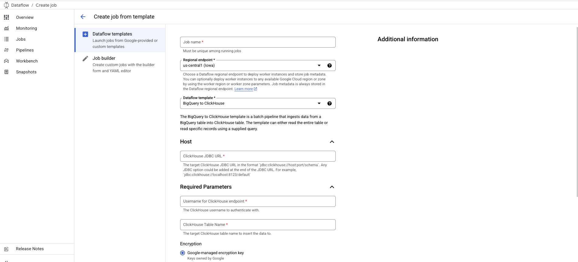 Расширенная форма шаблона BigQuery to ClickHouse