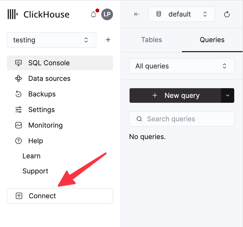 Расположение кнопки Connect в консоли ClickHouse Cloud