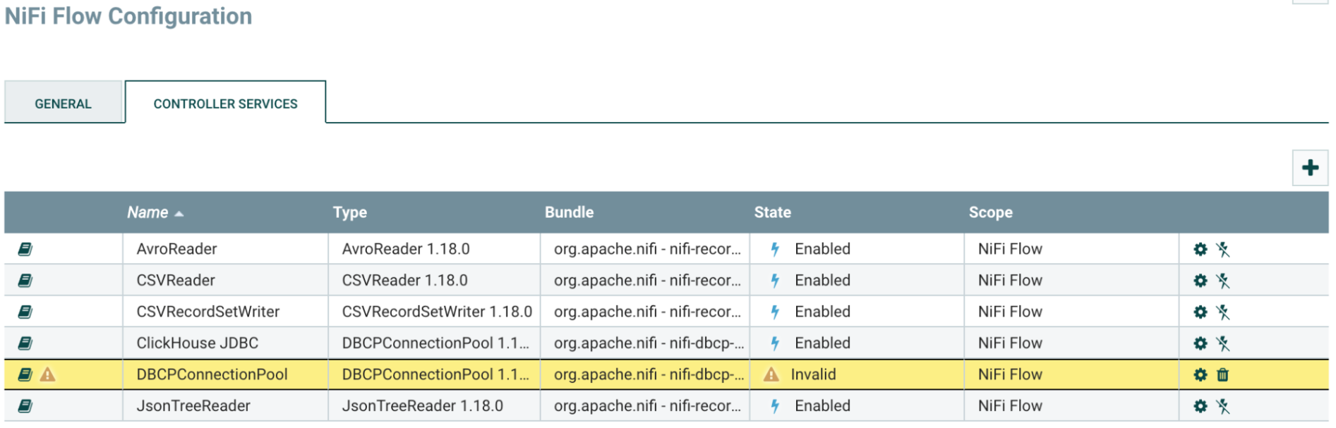 Список Controller Services с DBCPConnectionPool в статусе Invalid и выделенной кнопкой с иконкой шестерёнки