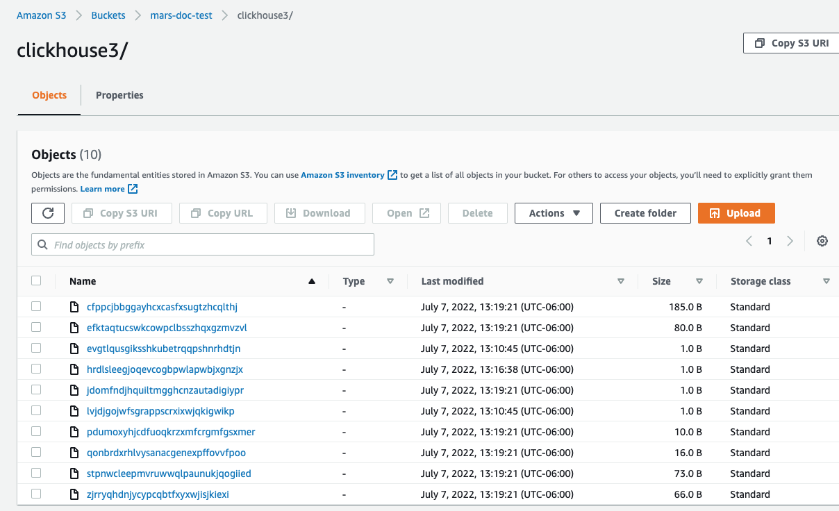 Вид бакета S3 в консоли AWS с файлами данных ClickHouse, хранящимися в S3