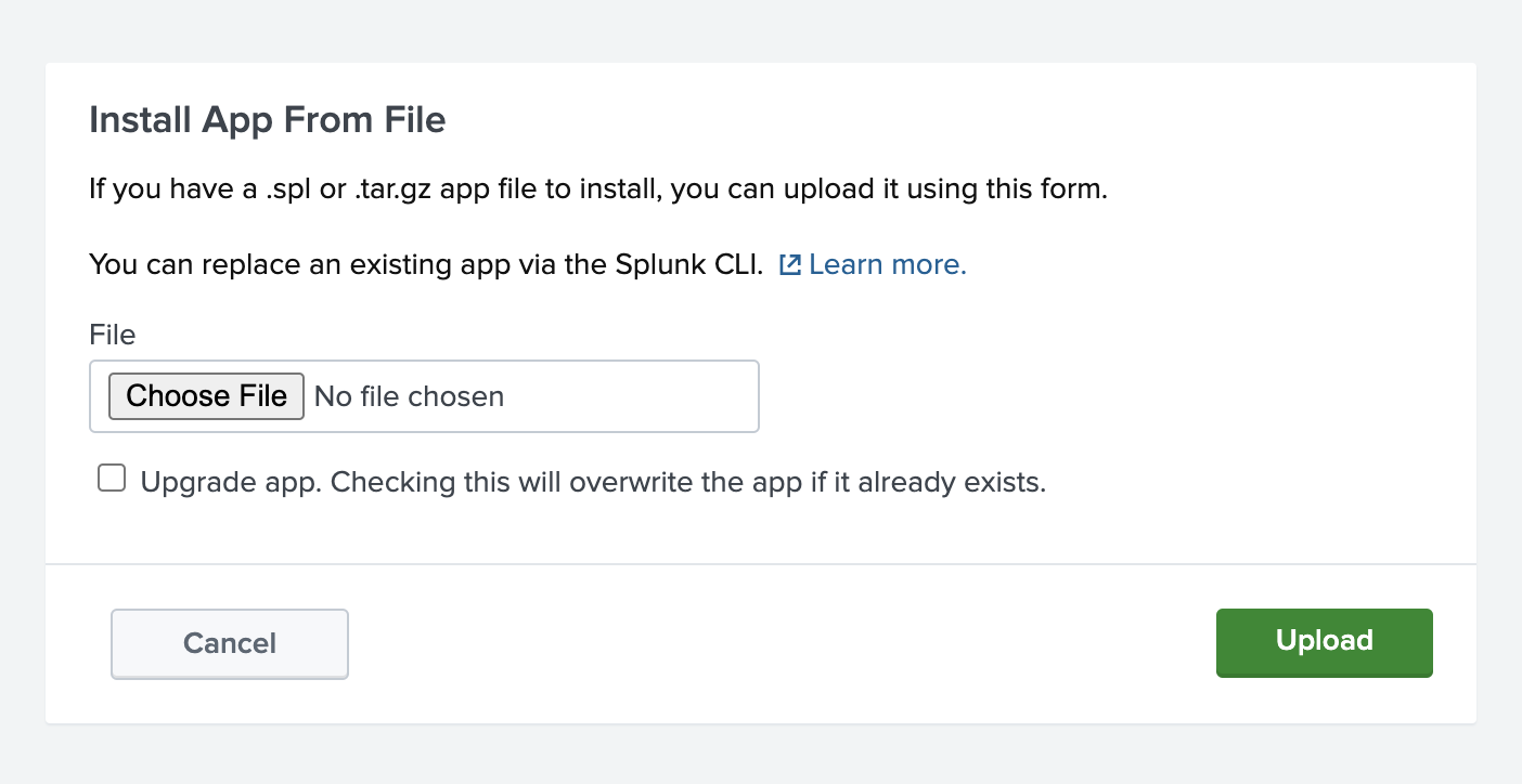 Диалог установки приложения Splunk для загрузки дополнения ClickHouse