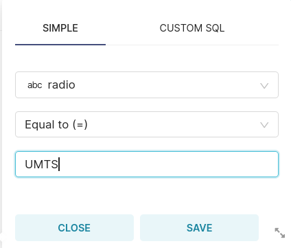 Фильтр по radio со значением UMTS