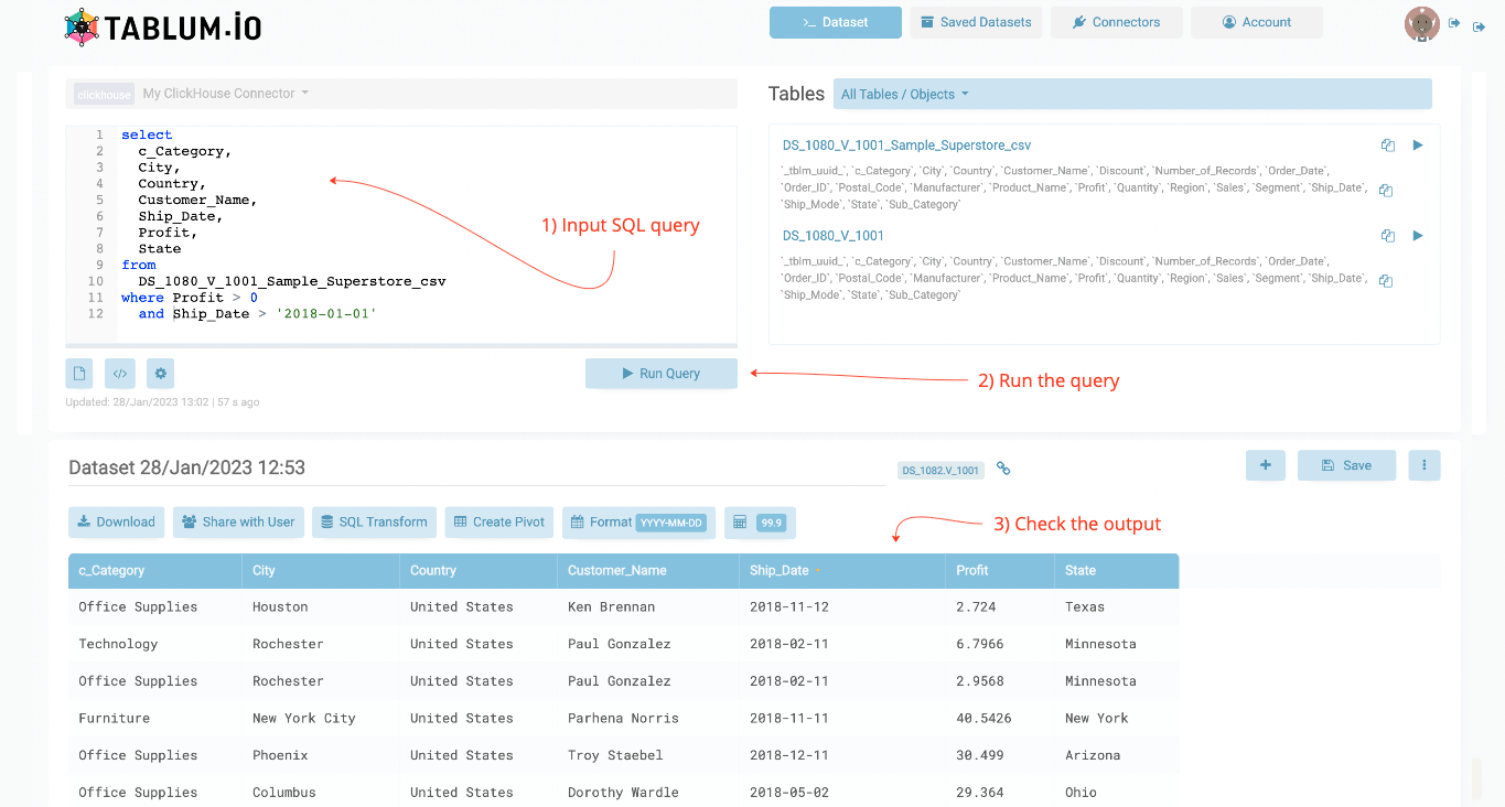 Выполнение SQL-запрос�а в TABLUM.IO
